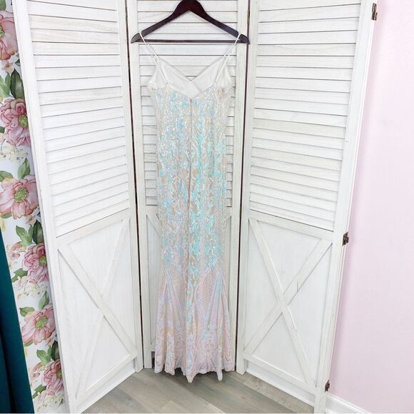 Jules & Cleo Iridescent Sequin Mermaid Sheath Maxi Dress White Juniors 2 - Picture 12 of 16
